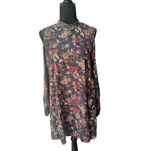 Angie Casual Dress Cold Shoulder Black Red Floral Sheer Overlay Lined Size M